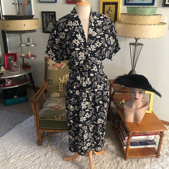 SOLD Vintage 1940s Style Dress Shell Novelty Print Blue M L PinUp Rockabilly - Picture 2 of 7